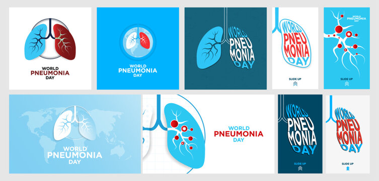 Bundle Set of World Pneumonia Day Greeting Cards, Banners, and Vertical Poster for social media stories with swipe up CTA. World Pneumonia Day Typography on lung shape. Vector Illustration. EPS 10.
