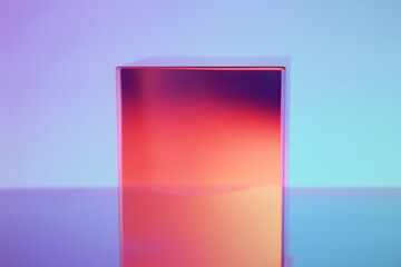 Colorful cube on light blue surface and background. Red-orange and purple-blue gradient on cube sides. Low angle view and photo realistic style. Dreamy and soft mood.