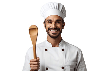 Male Chef with Chef's Hat Holding a Wooden Spoon on Transparent Background. AI