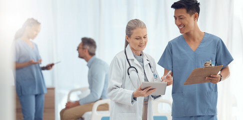 Teamwork, happy or doctors with tablet or checklist in hospital meeting or discussion for...