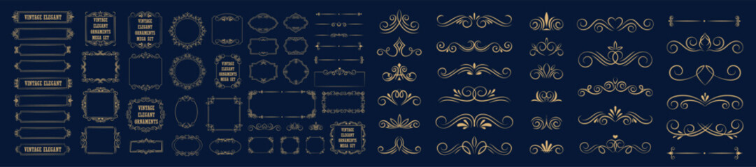 Custom blinds with your photo Set of gold vintage frame and corners icon. Vector illustration.
