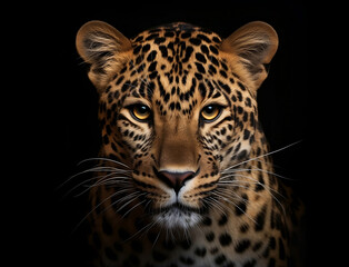 Fototapeta na wymiar Portrait eines Leoparden vor schwarzem Hintergrund erstellt mit generativer KI