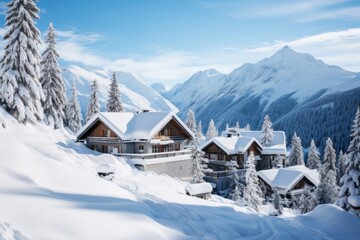 Snow-covered Alpine Chalets Nestled in a Winter Wonderland, Generative AI