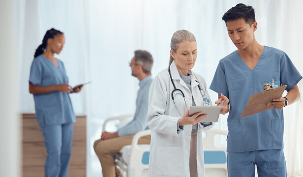 Teamwork, schedule or doctors with tablet or checklist in hospital meeting or discussion for collaboration. Results, surgeon or nurses talking or speaking of healthcare research, report data or news