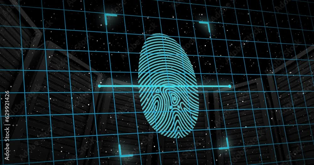 Aufkleber animation of padlock in shields, scanning fingerprint over low angle view of server racks