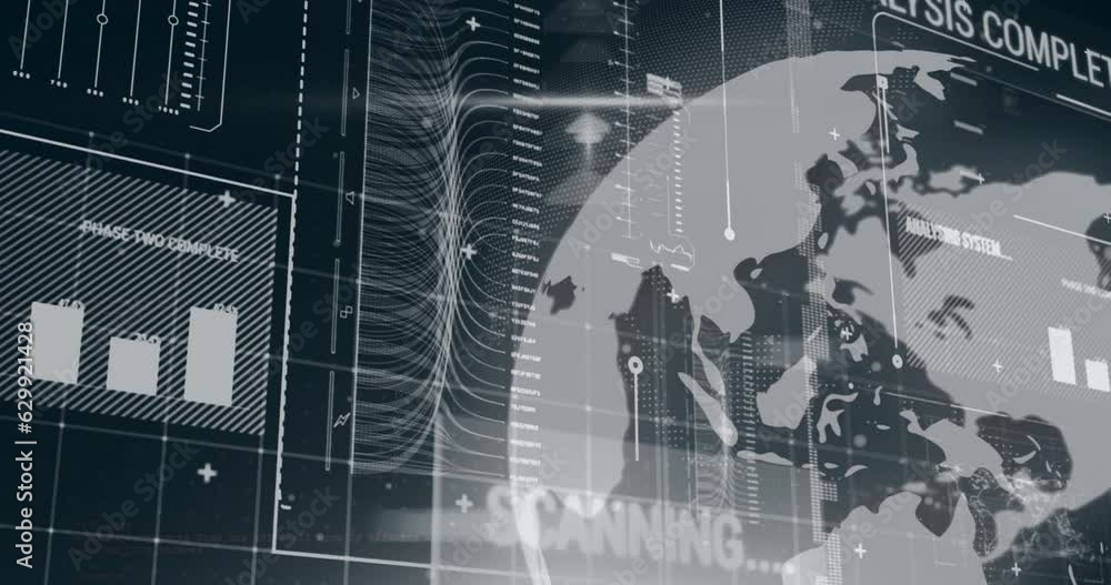 Poster animation of computer language and rotating globe over texts, map, graphs and loading bars