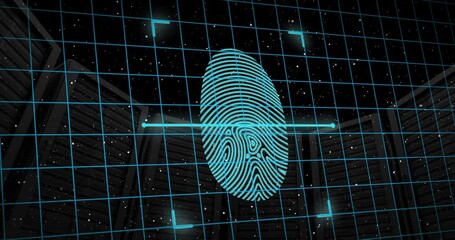 Animation of padlock in shields, scanning fingerprint over low angle view of server racks - Powered by Adobe