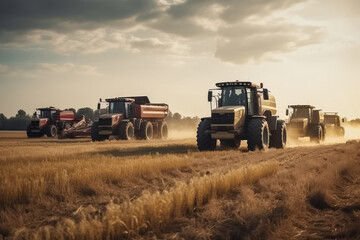 Obraz premium Tractors harvesting crops in a field. Generative AI.