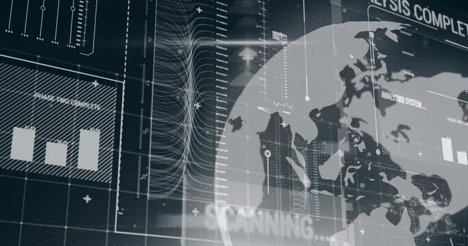 Animation of computer language and rotating globe over texts, map, graphs and loading bars