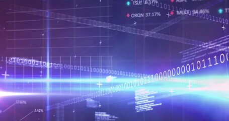 Animation of lens flares over graphs, computer language, graphs and trading boards - Powered by Adobe