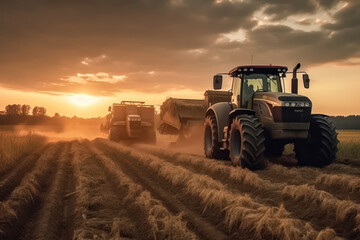 Tractors harvesting crops in a field. Generative AI.