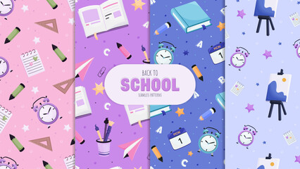 Back to school Seamless Patterns. Set of patterns and backgrounds with school supplies in flat cartoon style.
