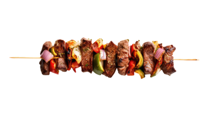 One little kebab on a wooden stick with meat and vegetables. Shish kebab on skewer isolated on white transparent png background, cutout. 