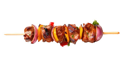 One little kebab on a wooden stick with meat and vegetables. Shish kebab on skewer isolated on white transparent png background, cutout.  - Powered by Adobe