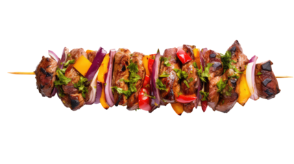One little kebab on a wooden stick with meat and vegetables. Shish kebab on skewer isolated on white transparent png background, cutout. 