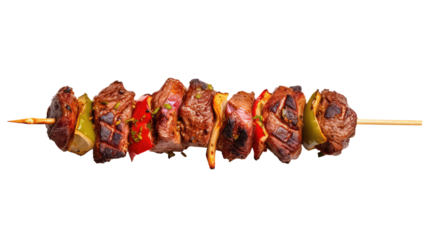 One little kebab on a wooden stick with meat and vegetables. Shish kebab on skewer isolated on white transparent png background, cutout. 