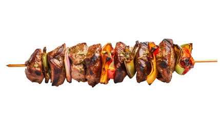 One little kebab on a wooden stick with meat and vegetables. Shish kebab on skewer isolated on...