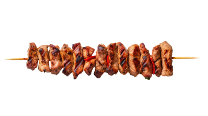 One little kebab on a wooden stick with meat and vegetables. Shish kebab on skewer isolated on white transparent png background, cutout. 