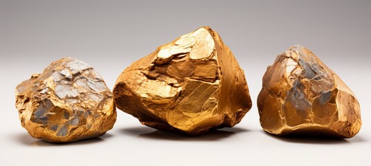 Gold ore stone boulder isolated on white background. Generative AI technology.