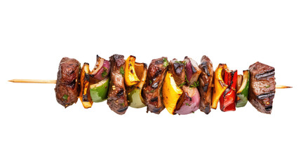 One little kebab on a wooden stick with meat and vegetables. Shish kebab on skewer isolated on...