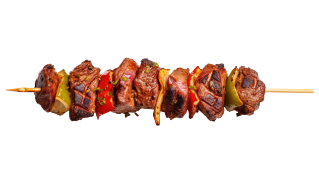 One little kebab on a wooden stick with meat and vegetables. Shish kebab on skewer isolated on white transparent png background, cutout. 