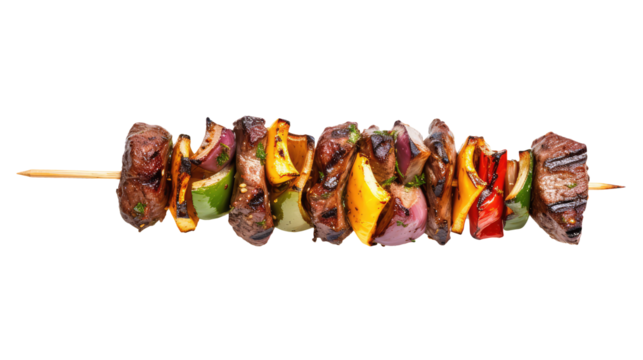 One little kebab on a wooden stick with meat and vegetables. Shish kebab on skewer isolated on white transparent png background, cutout. 