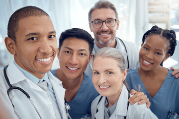 Doctors, diversity and selfie with healthcare, happy and memory with teamwork, social media and career. Portrait, staff or profile picture with happiness, medical professionals or fun in a hospital