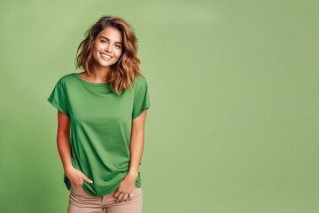 Model standing posing wearin green t shirt on light green background