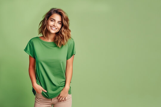 Model standing posing wearin green t shirt on light green background