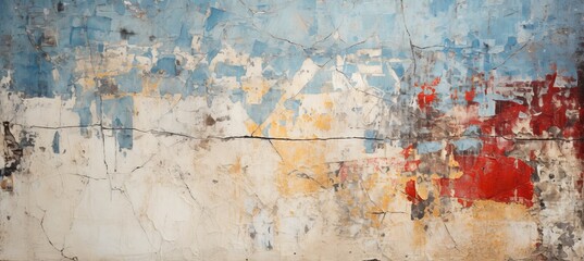 Obraz premium Aged wall with cracked paint texture of white, red, yellow and blue colors. Generative AI technology.