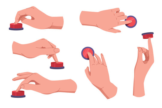 Hands Pushing And Pressing Button Set. Fingers Pressing Button. Turn On And Off. Launch, Start, Control Concept. Vector Illustration EPS10