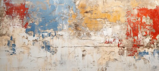 Obraz premium Peeling white, blue, red, yellow paint texture on vintage wall Generative AI technology.