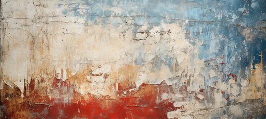Vintage wall with cracked paint texture of white, red, yellow and blue colors. Generative AI technology.
