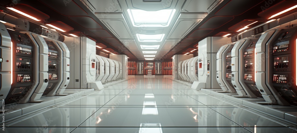 Poster Futuristic retro data server room corridor background. Generative AI technology.