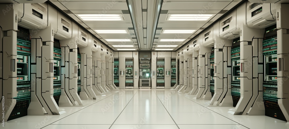 Poster Data center server racks corridor background. Generative AI technology.