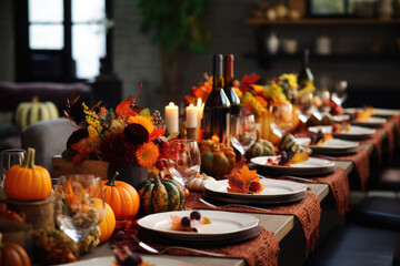 Fall table setting for celebration Thanksgiving or Friendsgiving day, family party. AI generated - Powered by Adobe