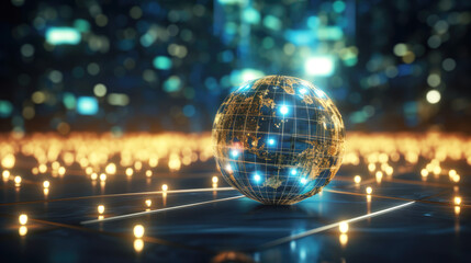 earth globe with glowing lights on city background. created by generative AI technology.