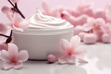 Foto op Canvas Cosmetic open round white cream cosmetic jar decorated with spring pink sakura blossoms. Creative banner of floral natural body cream. © dinastya