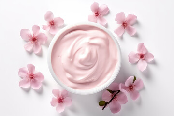 Fototapeta na wymiar Cosmetic open round pink cream cosmetic jar decorated with spring pink sakura blossoms. Creative banner of floral natural body cream.
