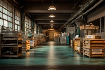 Obraz premium Fish market shut, closed down. A large room filled with lots of wooden crates.