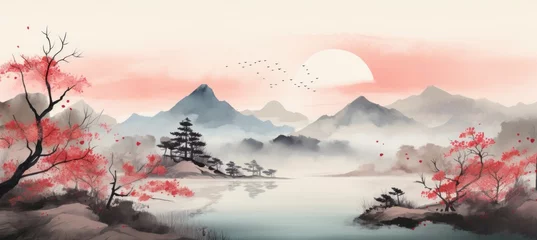 Poster Nature mountain lake landscape traditional oriental painting style background. Generative AI technology.  © Hero Design