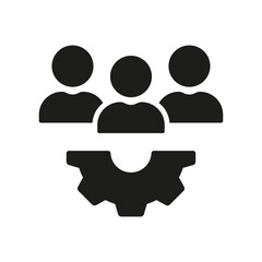 Workforce Silhouette Icon. People with Gear, Team Work Glyph Pictogram. Project Management, Leader Solid Sign. Teamwork Symbol. Manager Sign with Cog Wheel. Isolated Vector Illustration