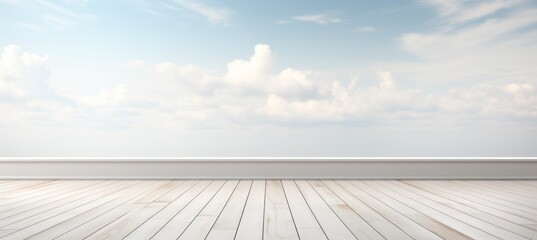 White wooden plank and cloudscape background. Generative AI technology.