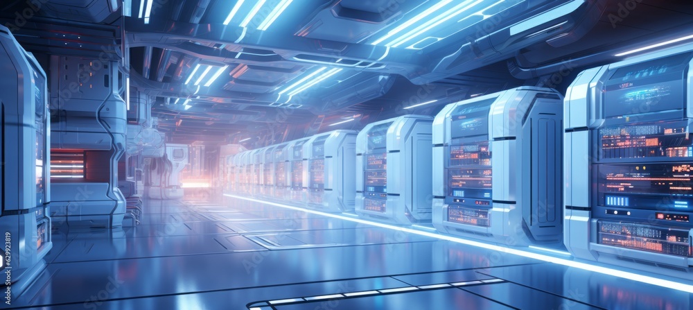 Poster Futuristic mining device data center background. Generative AI technology.	
