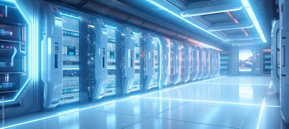 Poster Super computer data storage center background. Generative AI technology.	
