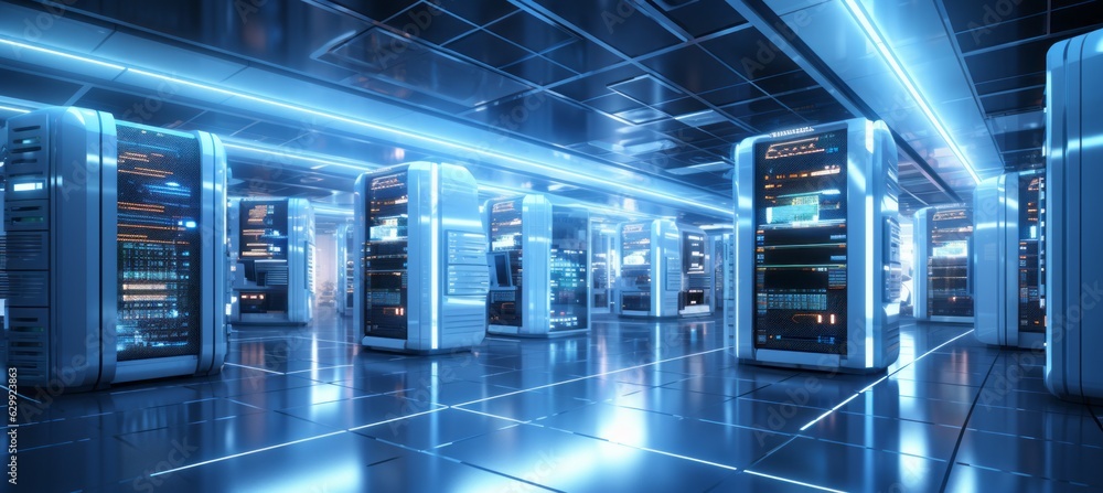 Poster Crypto mining computer data storage center background. Generative AI technology.	
