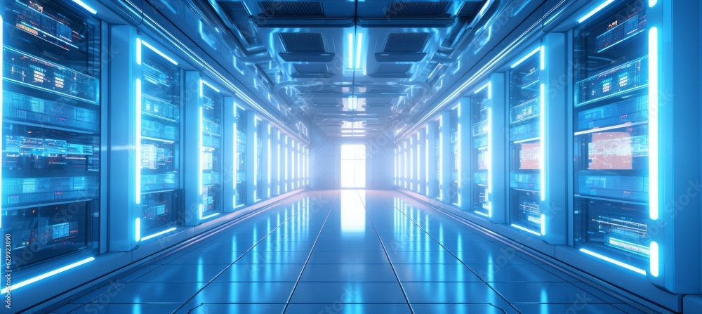 Poster data server room corridor background. generative ai technology.