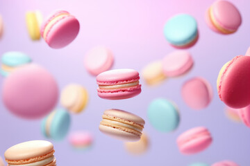 Obraz premium Colorful french macarons and flowers on pastel background, traditional french dessert Generative AI