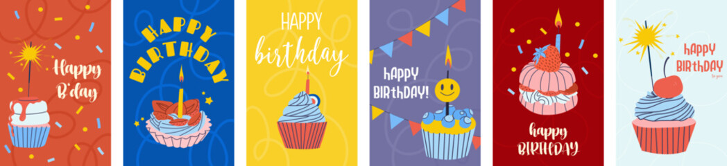 A set of birthday greeting cards with beautiful and cakes. Party invitations. Vector illustration