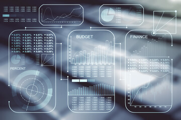 Abstract virtual analytics data spreadsheet on abstract metal background, analytics and analysis concept. Multiexposure